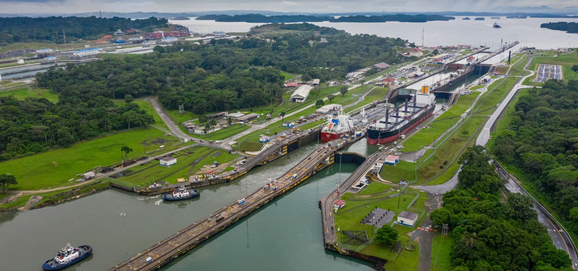 The Panama Canal seen from a helicopter.