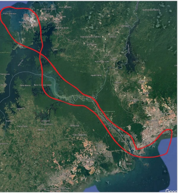 The flight route for the Panama Canal Helicopter Tour.