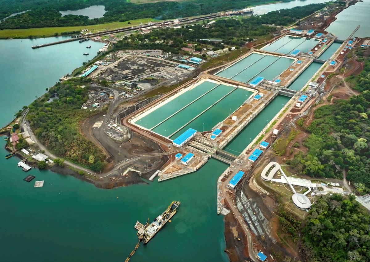 The locks of the Panama Canal seen from a helicopter.