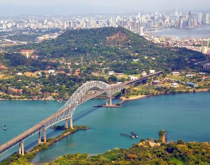 Panama Canal Helicopter Tours The Bridge of Americas at the Panama Canal.