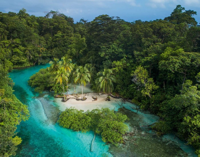 A private beach on a private island in Panama.